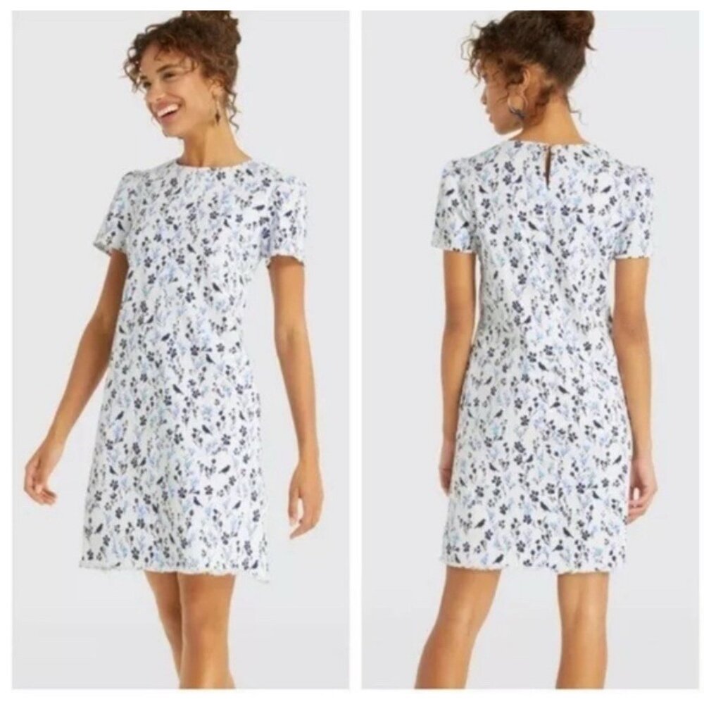 Draper James Dress 4 S Blue White NWT Cottage Core Cotton Pockets Stretch Career